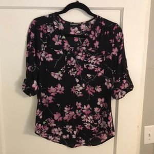 Black w/ pink flowers button down shirt by Express